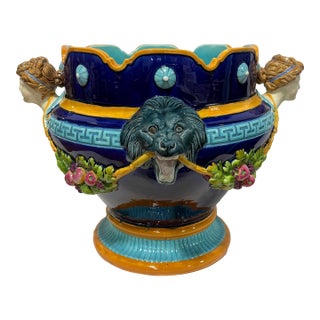 English Wedgwood Majolica Lion & Maiden Handled Jardiniere, 19th Century For Sale
