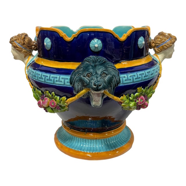 English Wedgwood Majolica Lion & Maiden Handled Jardiniere, 19th Century For Sale