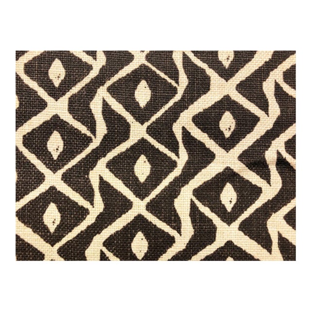 Peter Fasano Sarpa Chocolate Brown Ivory Hand Printed Pure Linen Ethnic Tribal Diamond Geometric Upholstery Fabric For Sale