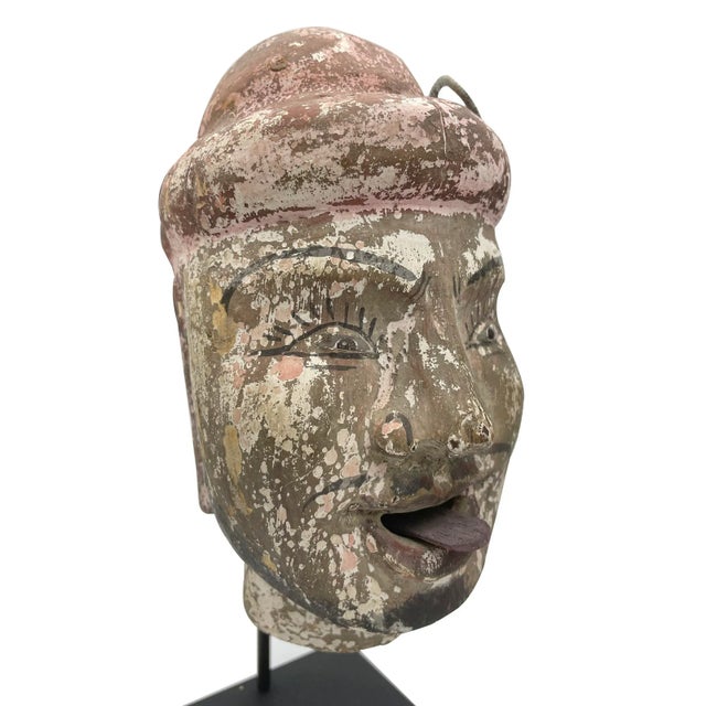Antique Burmese Carved Animated Mounted Puppet Heads For Sale - Image 4 of 5