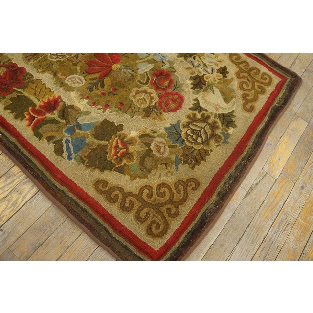 1880s Tan Ecru Rose Medallion Antique American Hooked Rug 3'3'' X 5' Woven Wool Carpet For Sale - Image 10 of 10
