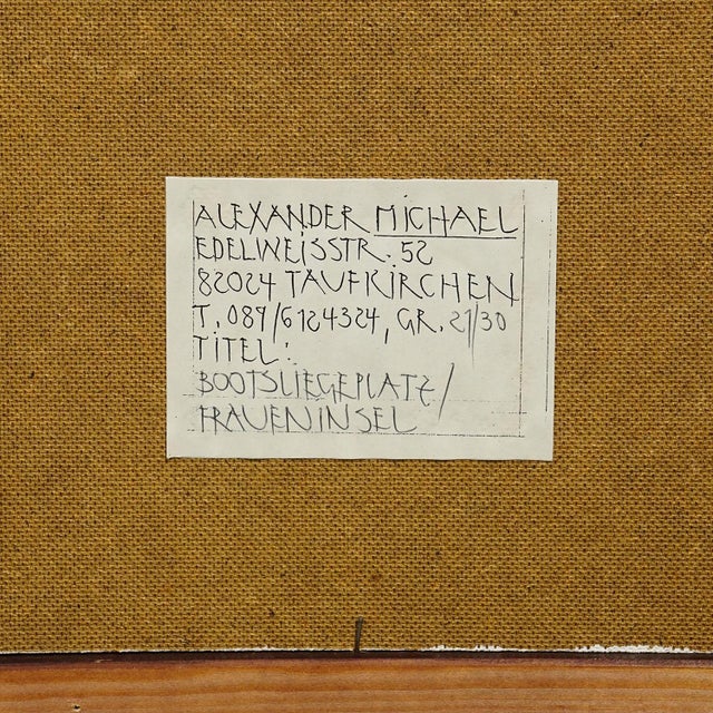 Wood Boat Mooring on Fraueninsel – Oil Painting by Alexander Michael, 1994 For Sale - Image 7 of 7