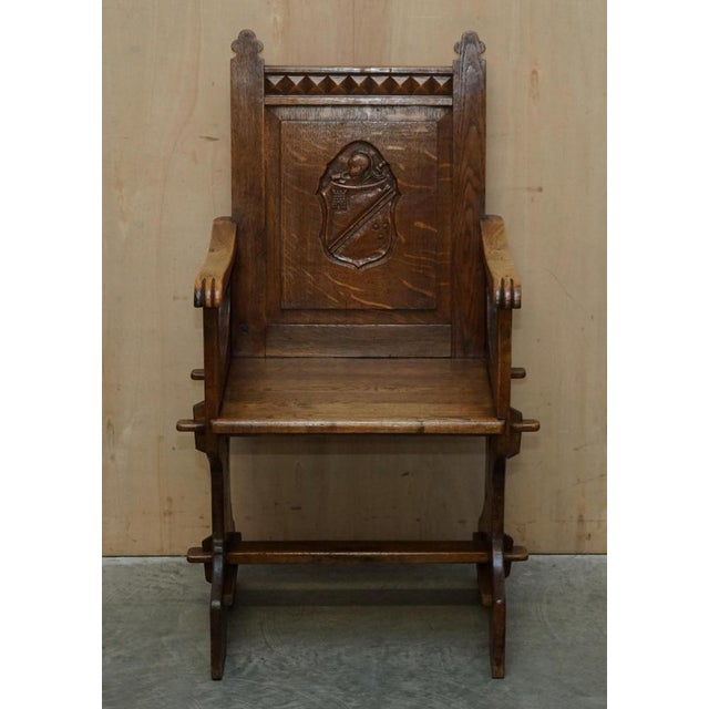 Set of Antique English Carved Oak Armchairs with Armorial Crest Coat of Arms, 1860 For Sale - Image 4 of 18