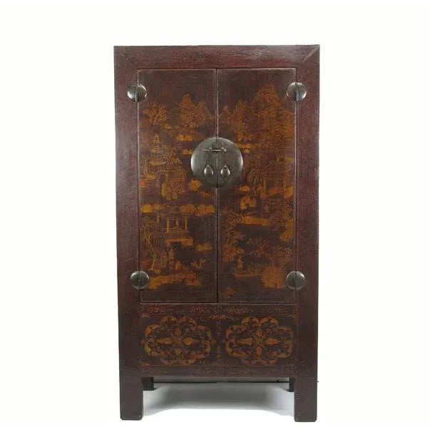 1900 - 1909 Asian Elm Cabinet With Painted Panel Doors For Sale - Image 12 of 12
