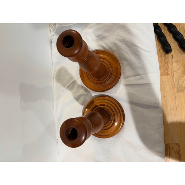 Pair of Hand Turned Vintage Wooden Candle Stick Holders With Velvet Bottoms For Sale In Austin - Image 6 of 7