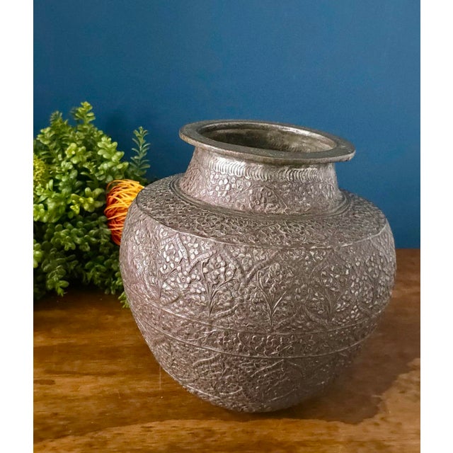 Antique Repoussé Silver-Plated Copper Vase, Likely Indian, Early 20th Century For Sale - Image 4 of 17