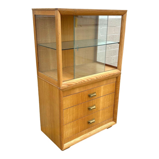 1950s Mid Century Birch Curio Cabinet W/ Bronze Pulls For Sale