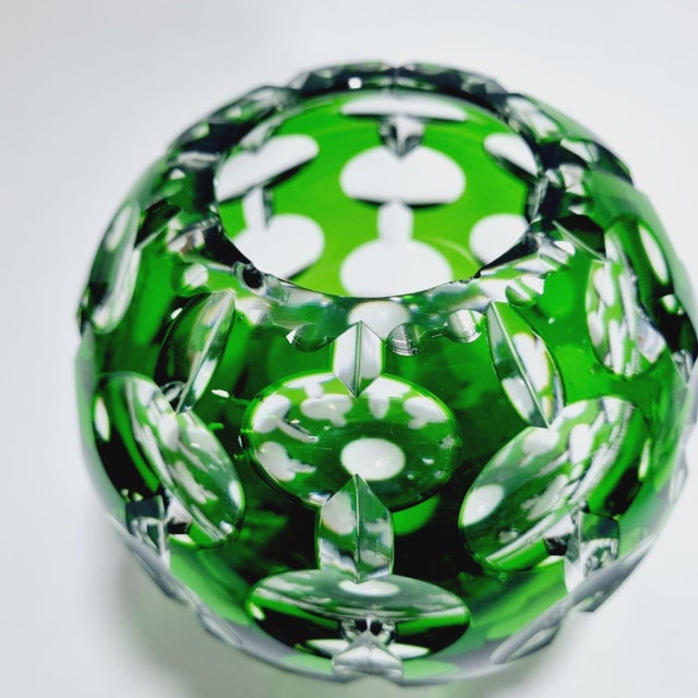 Vintage Emerald Green Cut-to-Clear Lead Crystal Sphere Vase, 1970s For Sale - Image 3 of 10