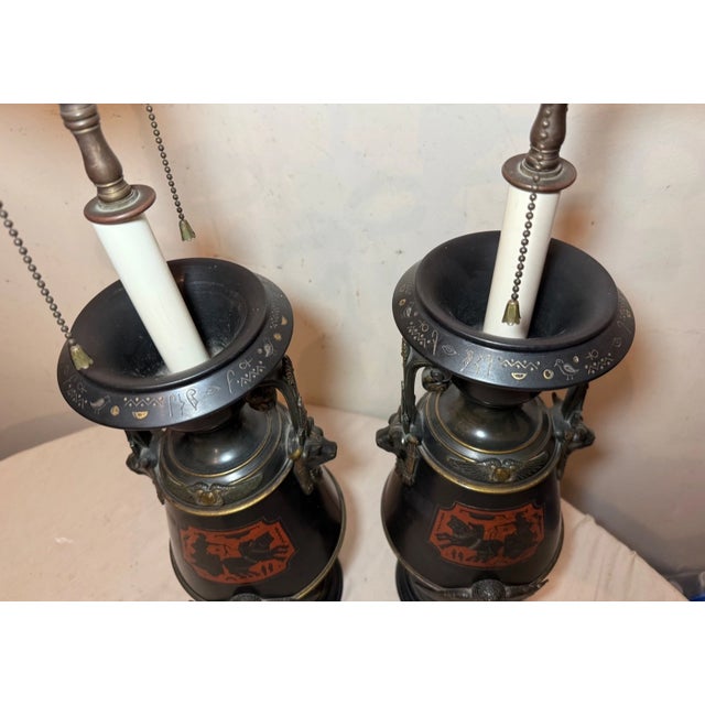 Antique Egyptian Revival Figural Bronze Marble Urn Ewer Table Lamps - a Pair For Sale - Image 10 of 18