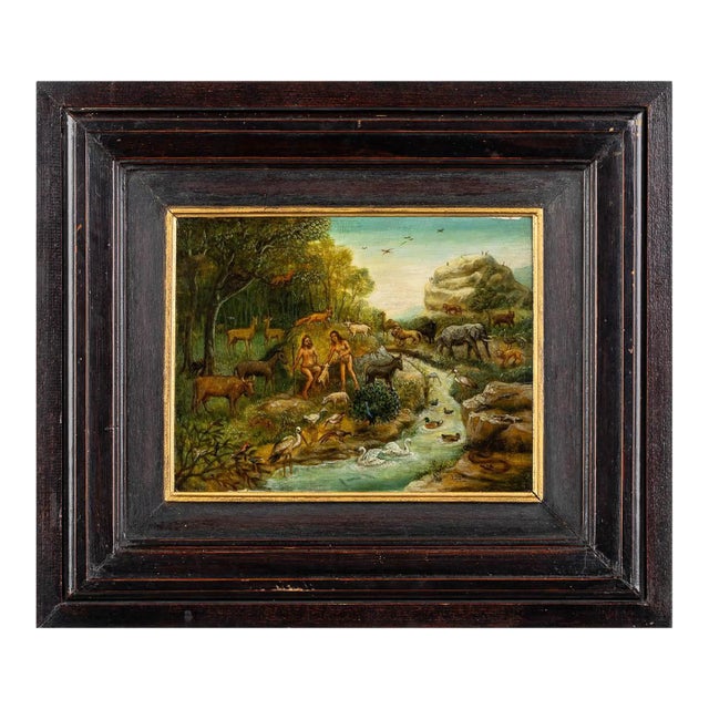 Antique Provincial European Painting of Adam and Eve in Paradise For Sale