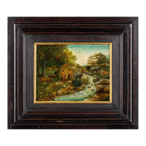 Antique Provincial European Painting of Adam and Eve in Paradise