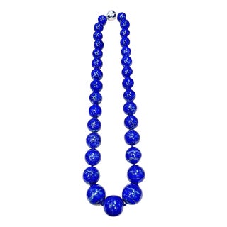 Vintage Lapis Lazuli Single Strand Necklace with Diamond Clasp 14 Kt White Gold For Sale