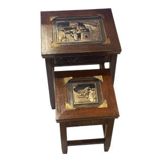 2 Vintage Chinese Chinoiserie Nesting Tables W Carvings and Gold Bronze Wash For Sale