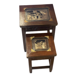 2 Vintage Chinese Chinoiserie Nesting Tables W Carvings and Gold Bronze Wash