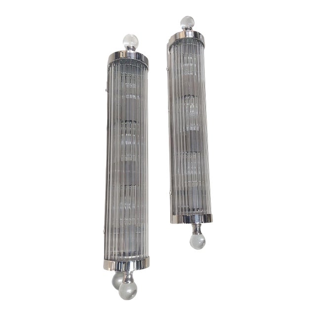 Pair Vintage Art Deco 4 Light Rod Ship Light Wall Sconces Fixture in Nickel Brass & Glass For Sale