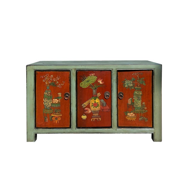 Chinese Vintage Gray Orange Flower Graphic Low Tv Console Cabinet For Sale In San Francisco - Image 6 of 6