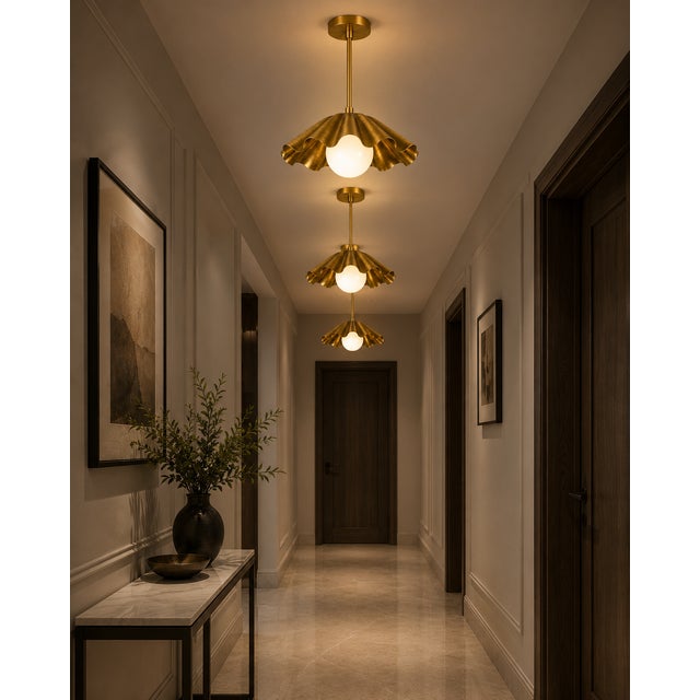 Scalloped Brass Pendant Light, Handcrafted Solid Brass Scalloped Pendant With Opal Glass Globe For Sale - Image 4 of 12