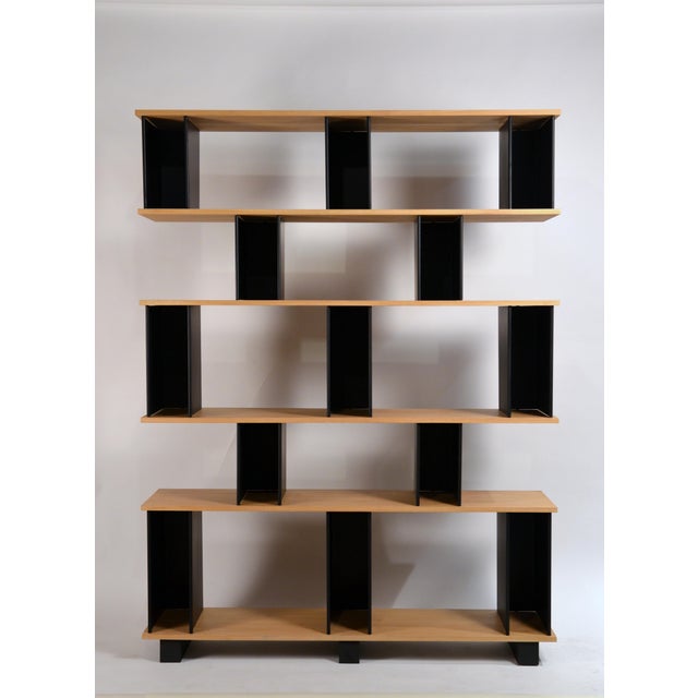 Tall 'Horizontale' black steel and oak shelving unit / bookcase by Design Frères. Polished and sealed white oak shelves...