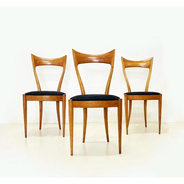 Unique art deco chairs from 1950-1960, made entirely of beech wood with dark blue velvet seat upholstery. dimensions: h 90...