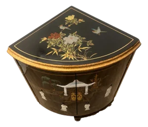 Vintage Chinese Corner Cabinet Chinoiserie Mother of Pearl Applique Asian Style