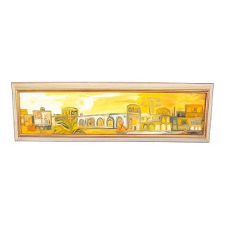 Mid Century Modern Painting Art Abstract Landscape Frame Cityscape Abstract MCM For Sale