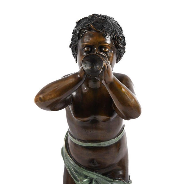 Antique Bronze Boy Figure Blowing a Bugle on Marble Base – Classical Figural Sculpture For Sale In Greensboro - Image 6 of 8