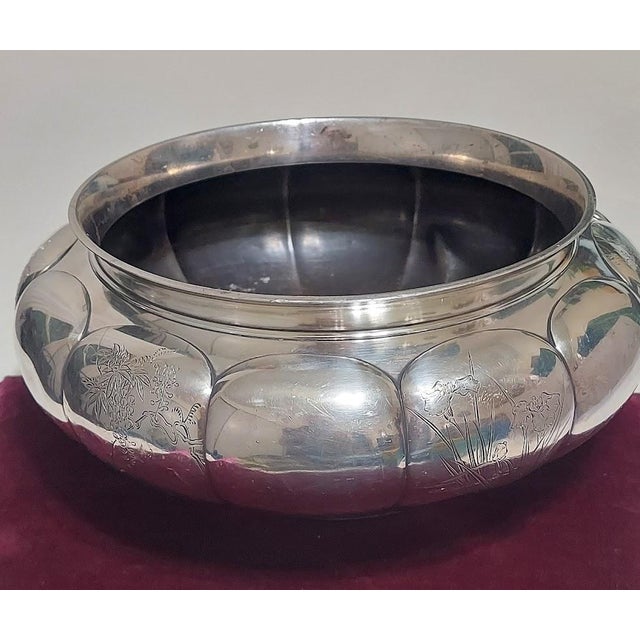 Japanese Early 20th Century Japanese Musahiya Silver Centerpiece Bowl, Floral Engraving For Sale - Image 3 of 7