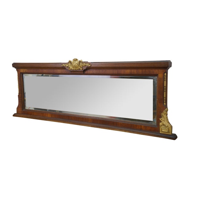 Antique Victorian Empire style mahogany mantel mirror with gold gilded decorative mounts, ornate central crest, acanthus...