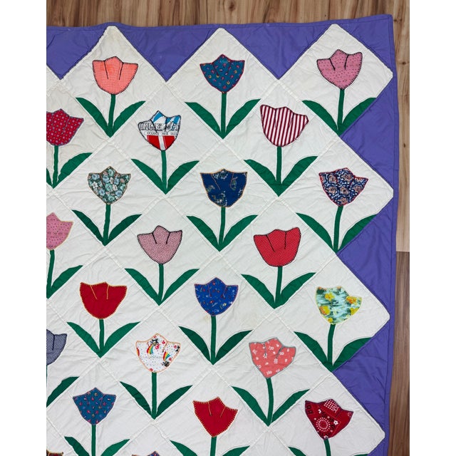 Late 20th Century Vintage Tulip Motif Quilts, a Pair For Sale - Image 5 of 15