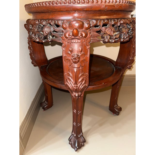 Chinoiserie Late 19th Century Chinese Carved Wood Foo Dog and Red Marble Plant Stand/Side Table For Sale - Image 3 of 10