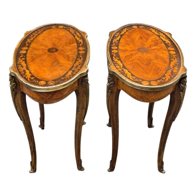 Antique 19th Century Pair of Louis XV Style Marquetry Side Table With Gilt Bronze Accents For Sale