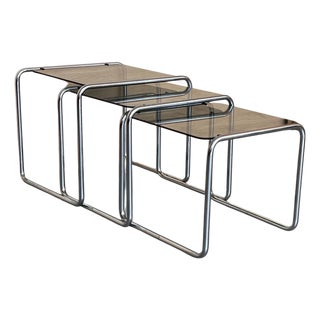 Mid 20th Century Cantilevered Chrome & Glass Nesting Tables with Fume Glasses For Sale