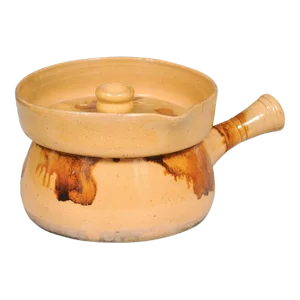 19th Century French Yellow Glazed Pottery Steamer with Lid and Rust Accents