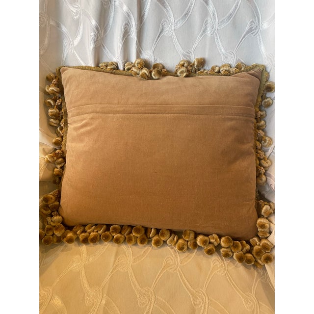 Pair Aubusson Fringed Floral Pillows (15”x18”) With Down Inserts: Seafoam, Celadon, Coral & Gold For Sale - Image 10 of 12