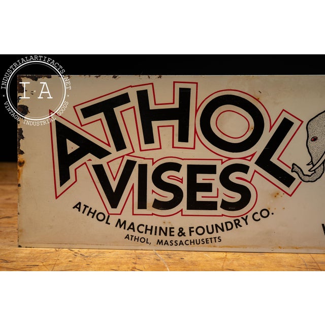1940s Vintage Double-Sided Athol Vises Tin Litho Advertising Sign For Sale - Image 5 of 12