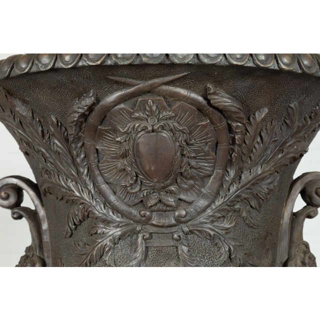 Bronze Tall Custom Made Cast Bronze Urn on Pedestal with Lion Head Handles For Sale - Image 8 of 13