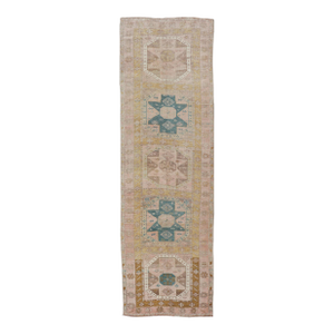 Antique Turkish Oushak Runner With Geometric Medallion Design 3'2" X 10'11"
