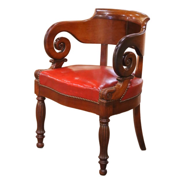 19th Century French Louis Philippe Carved Walnut and Leather Desk Armchair For Sale