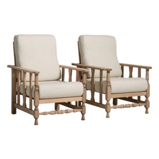 Pair of French Oak Reclining Armchairs with Bouclé Upholstery, Antique, France, Circa 1940 For Sale