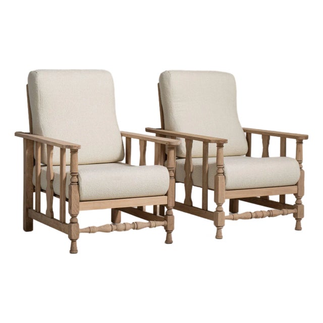 Pair of French Oak Reclining Armchairs with Bouclé Upholstery, Antique, France, Circa 1940 For Sale