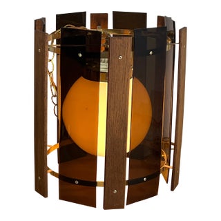 1970s Mid-Century Modern Swag Lamp Light With Smoked Lucite & Wood Panels For Sale