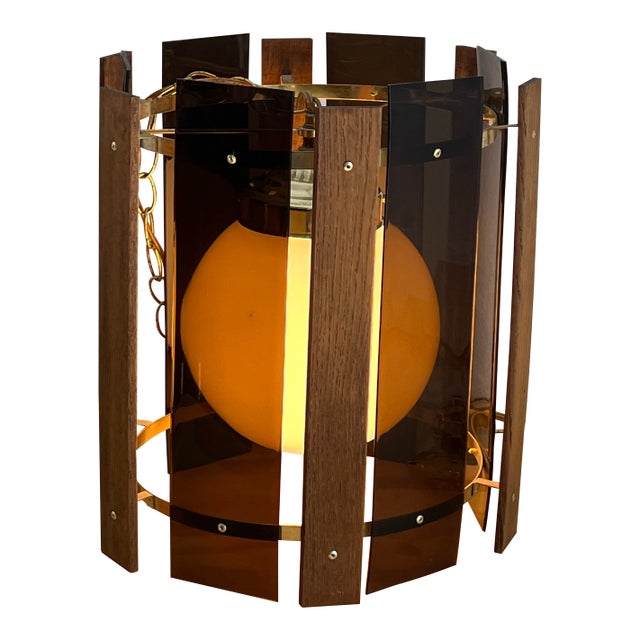1970s Mid-Century Modern Swag Lamp Light With Smoked Lucite & Wood Panels For Sale
