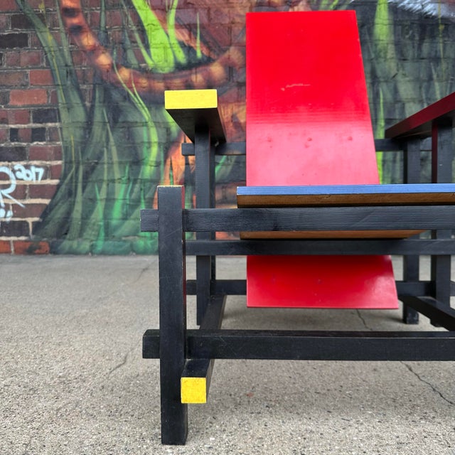 Wood Iconic Red and Blue Armchair by Gerrit Rietvald For Sale - Image 7 of 12
