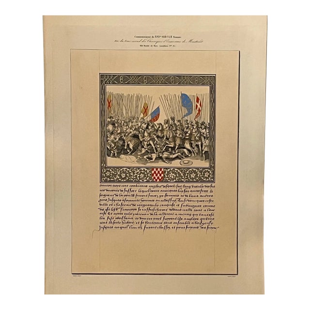 Large 19thC Monstrelet Lithograph - Battle of Meung 22x15 - Plate 209 For Sale