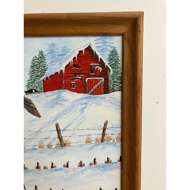 Red Original Winter Farm Landscape Painting by S. Nelson – Farmhouse Barn & Flying Geese For Sale - Image 8 of 8