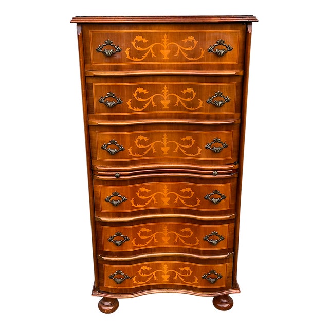 Inlaid Wood Chest of 5 Drawers with Writing Compartment, 1950s For Sale