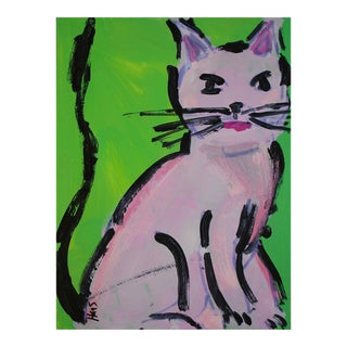 Pink Cat, Contemporary Acrylic Painting Mixed Media For Sale
