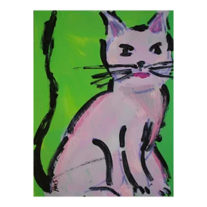 Pink Cat, Contemporary Acrylic Painting Mixed Media