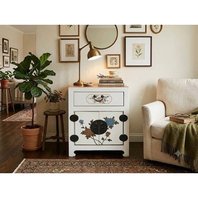 1990s Chinese Off White Vinyl Moon Face Flower Graphic End Table Nightstand For Sale - Image 5 of 12