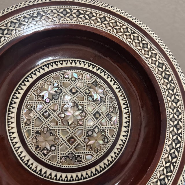 Vintage Egyptian Mosaic Mother of Pearl Inlay Wooden Decorative Plate - Handcrafted For Sale - Image 4 of 6